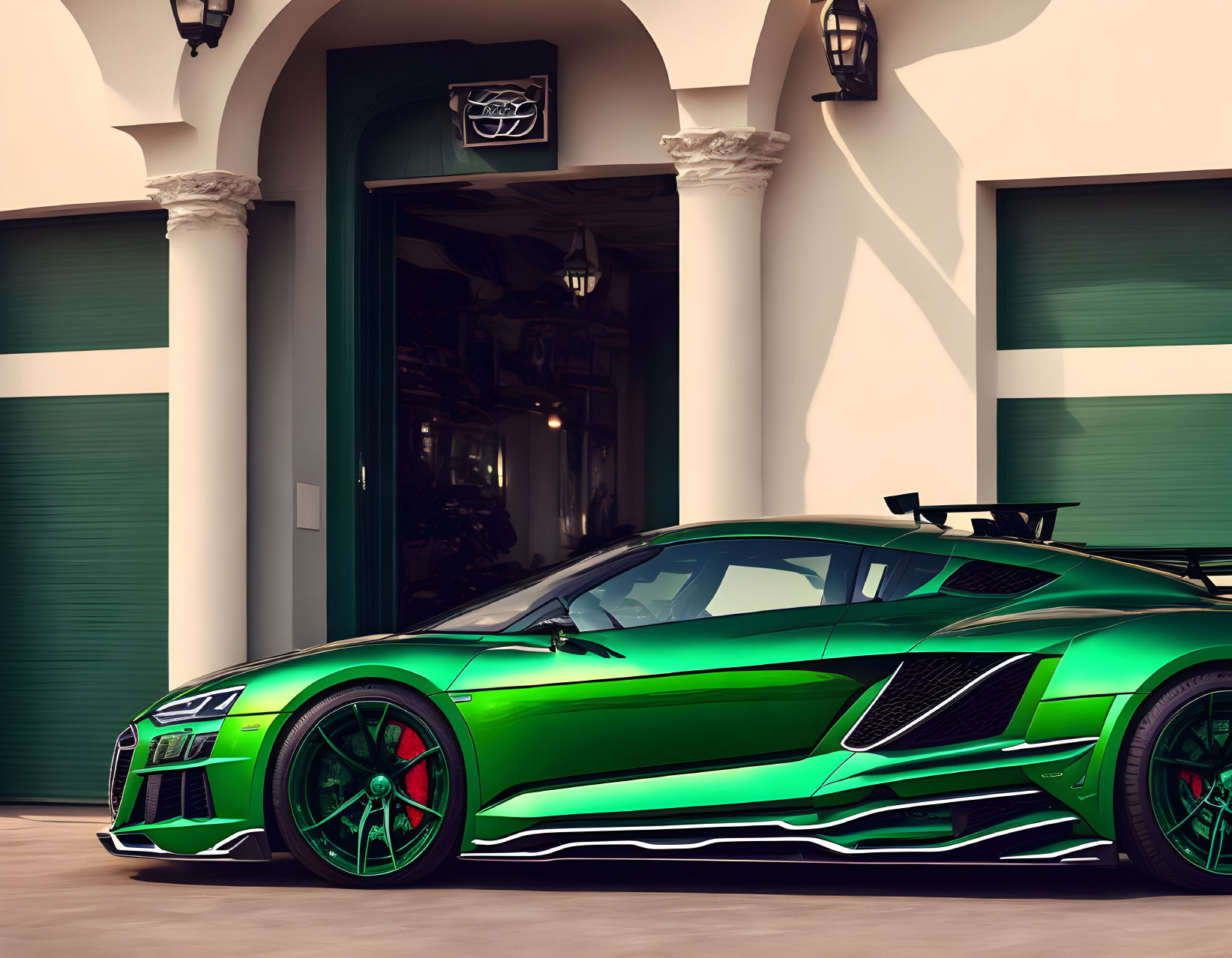 Green Lamborghini with Black Accents and Green Rims Parked Outside Building