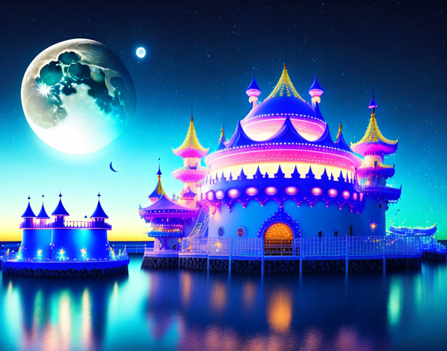 Colorful fantasy castle at night with full moon and stars over tranquil waters