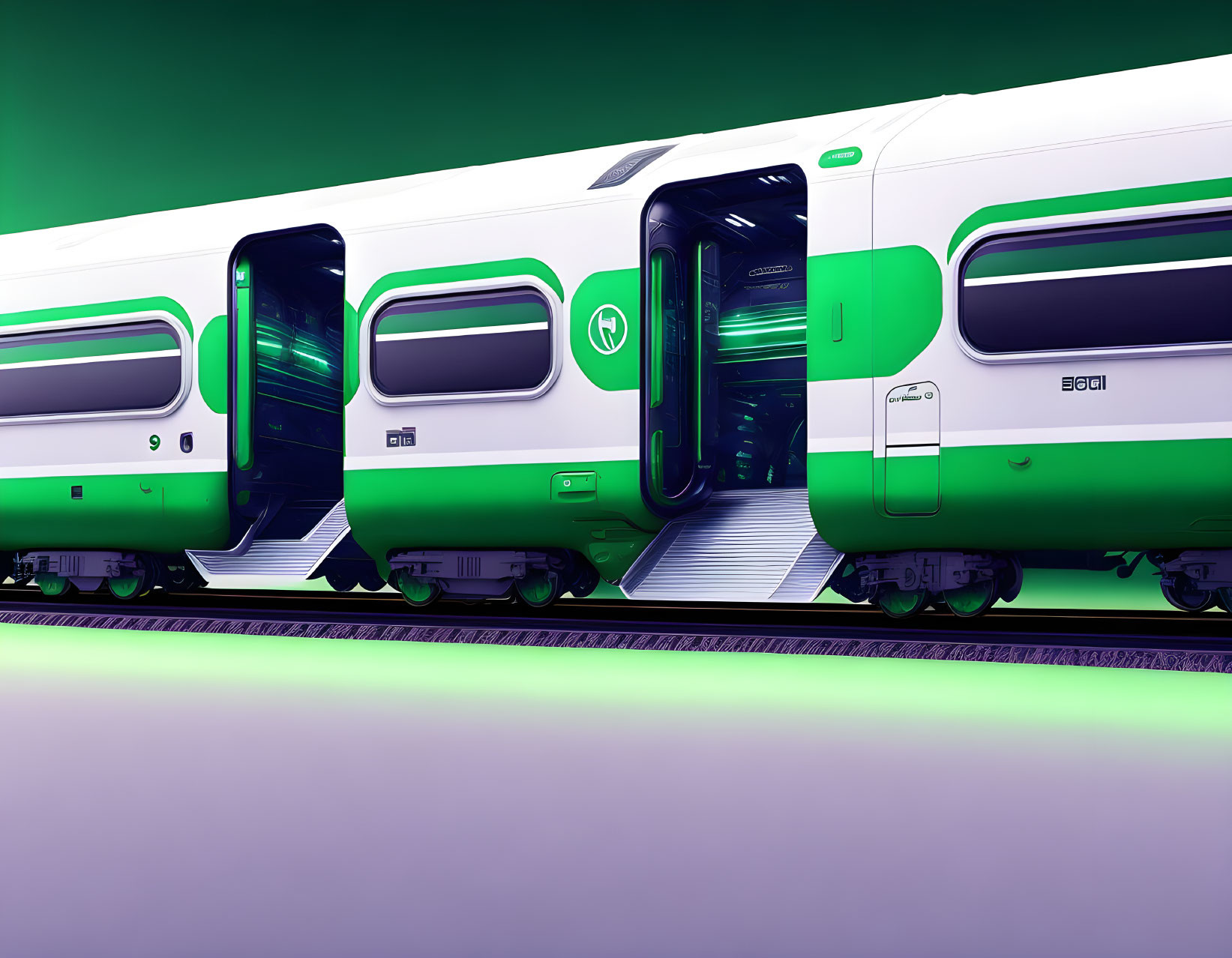 Modern Green and White Train at Platform with Purple and Green Lighting