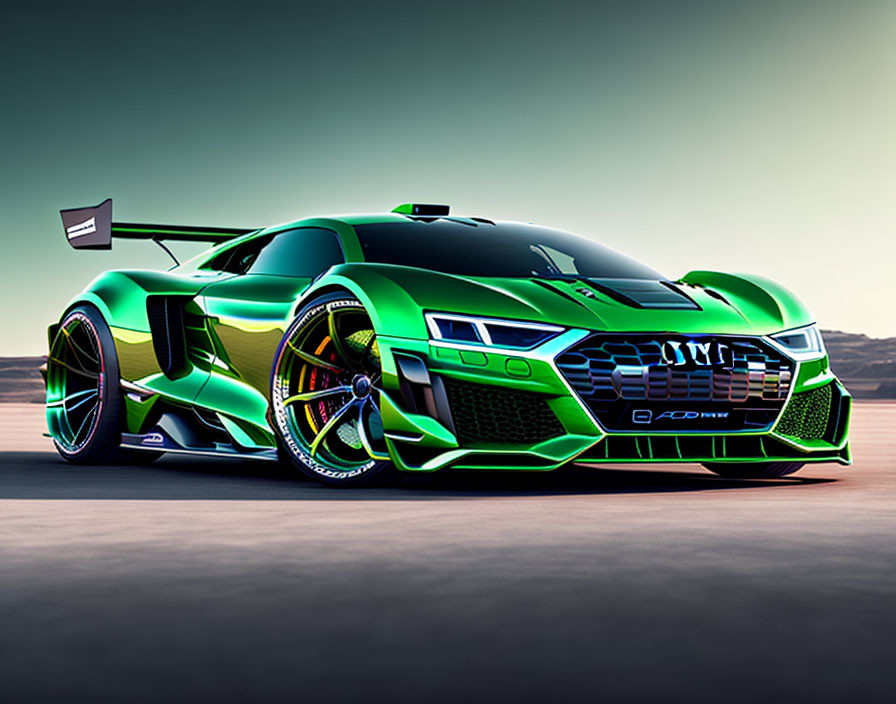 Sleek Green Sports Car with Aerodynamic Design and Rear Wing on Desert Sunset Background