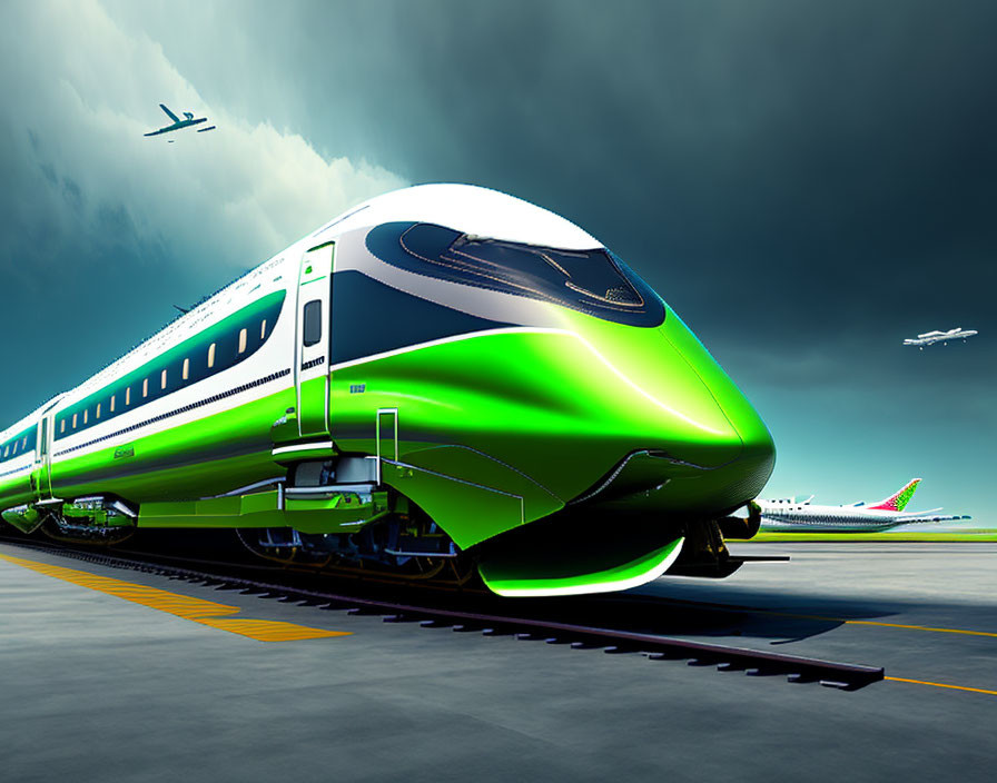 Green and White High-Speed Train at Station with Airplanes in Sky