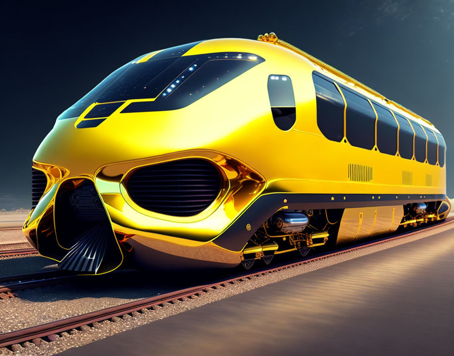 Futuristic yellow high-speed train on railroad tracks at dusk