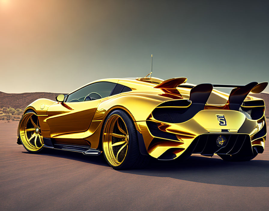 Golden sports car with futuristic design under warm sunset sky