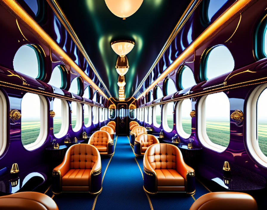 Luxurious Futuristic Train Interior with Plush Seating & Vibrant Purple Hues