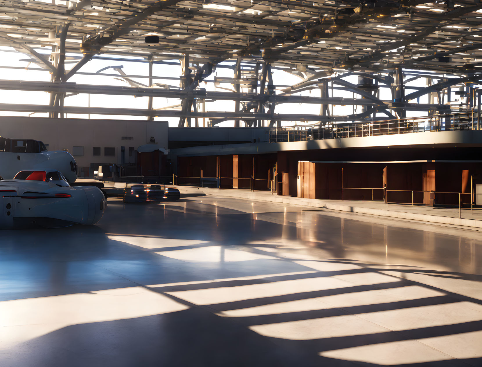 Sleek white vehicles in futuristic hangar with complex metal ceiling.