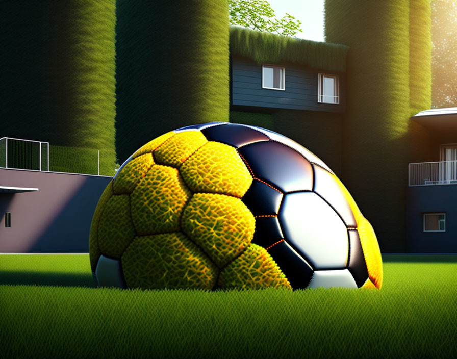 Hybrid soccer ball with tennis ball texture on grass field with modern houses and clear sky