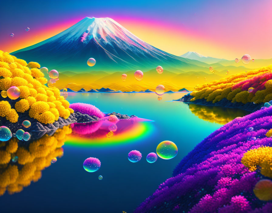 Colorful surreal landscape with snow-capped mountain, reflective lake, and floating bubbles