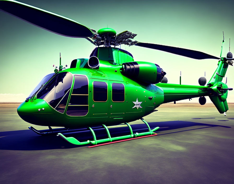 Green Helicopter with Twin Rotors and Star Emblem on Tarmac