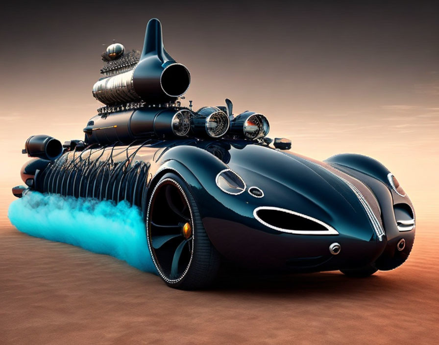 Exaggerated retro-futuristic car on dusty terrain with blue smoke