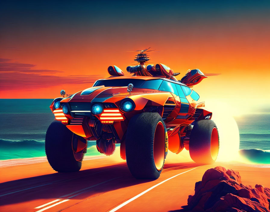 Futuristic orange car with oversized tires on coastal road at sunset