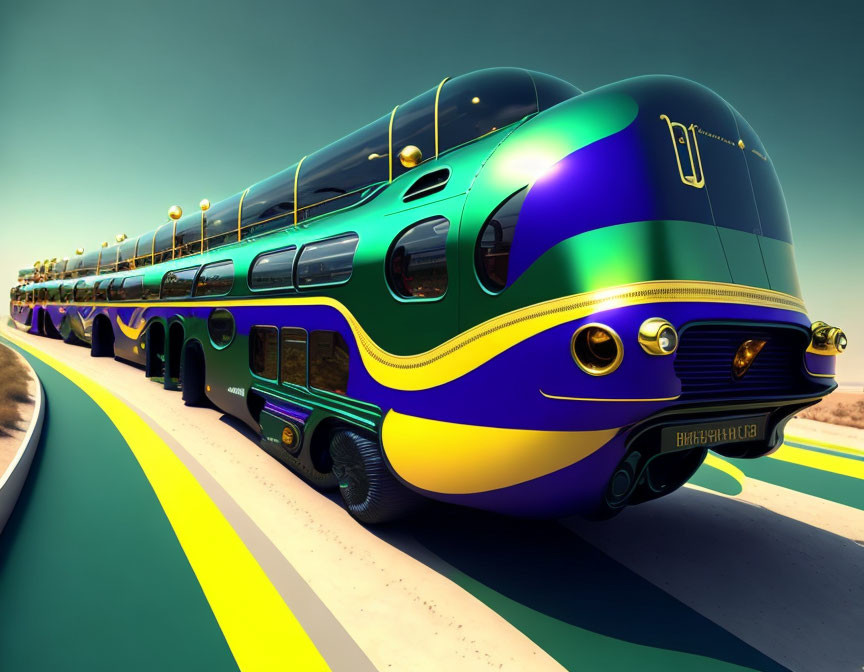 Colorful futuristic double-decker train with sleek design and vibrant green and purple hues