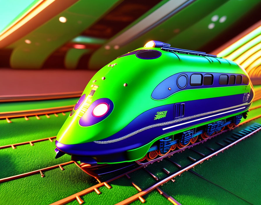 Futuristic Green Train on Glossy Tracks under Warm Lighting