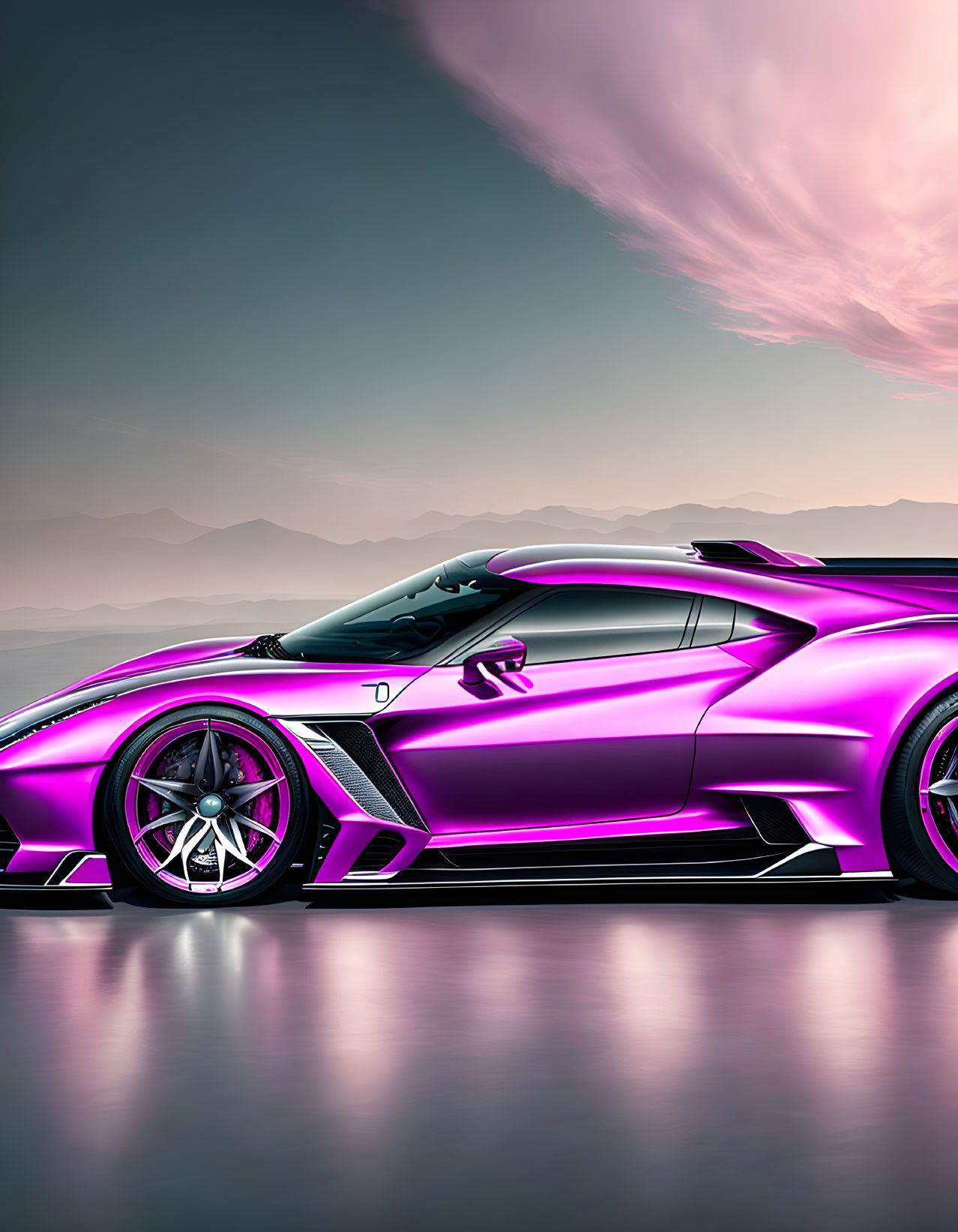 Purple Sports Car Parked Under Pinkish Sky