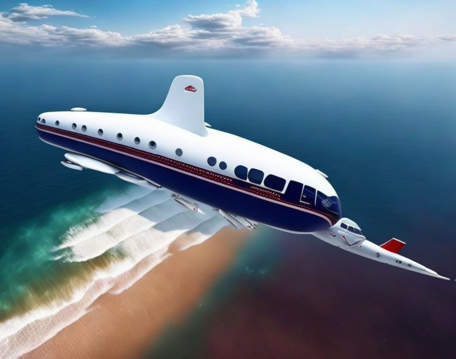 Private jet low flying over serene coastline with clear blue skies and turquoise waters.