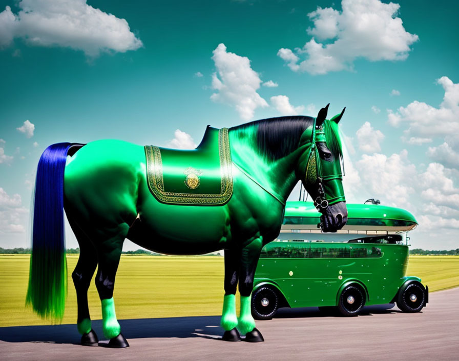 Surreal image: Horse with green and blue coat blending into double-decker bus