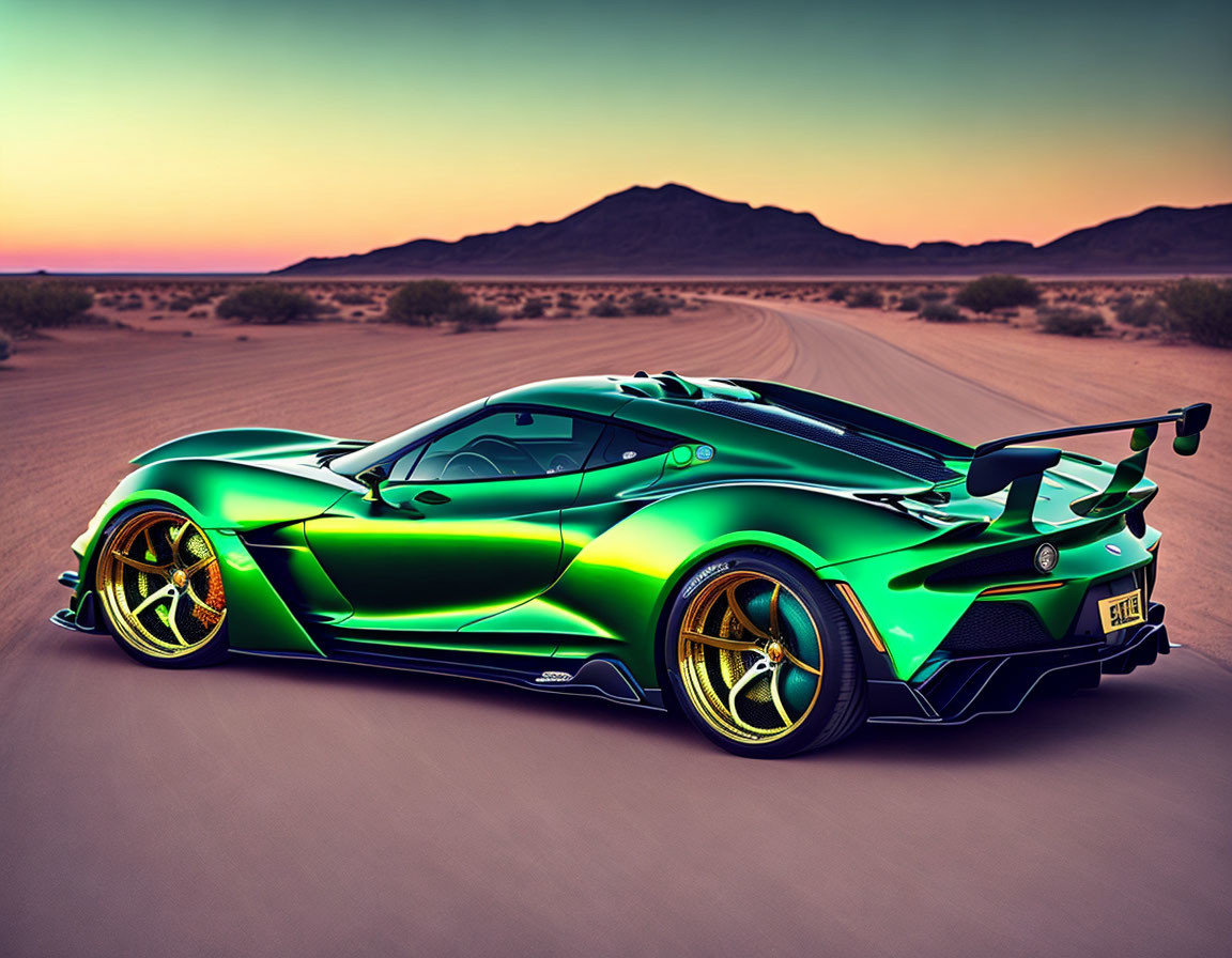 Shiny Green Sports Car with Gold Rims on Desert Road at Sunset