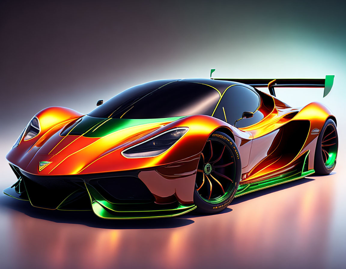 Vibrant Flame Design on Sleek Race Car with Rear Wing