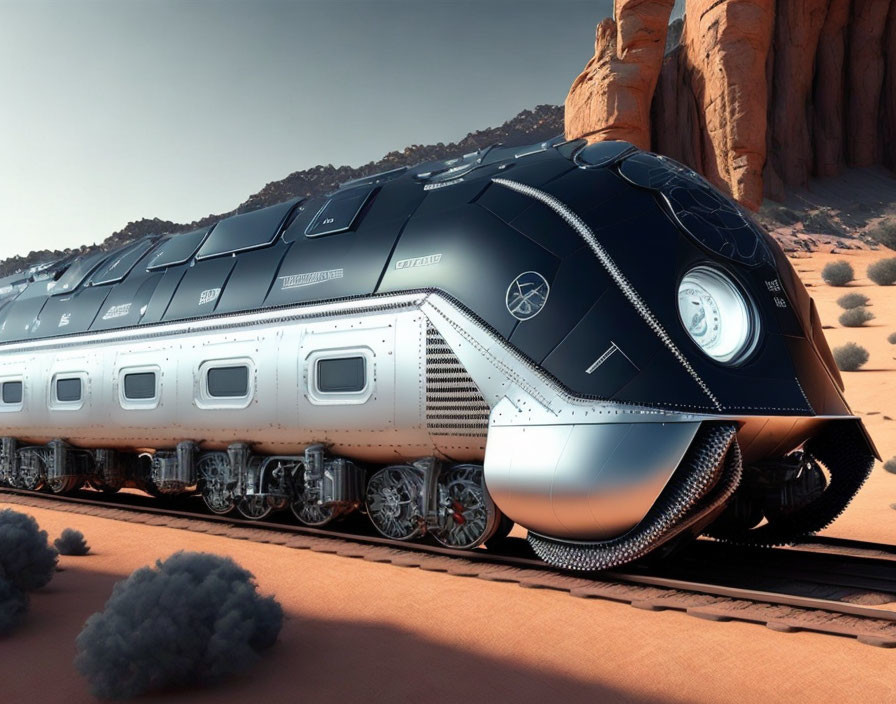 Sleek futuristic train on desert tracks surrounded by rocky terrain