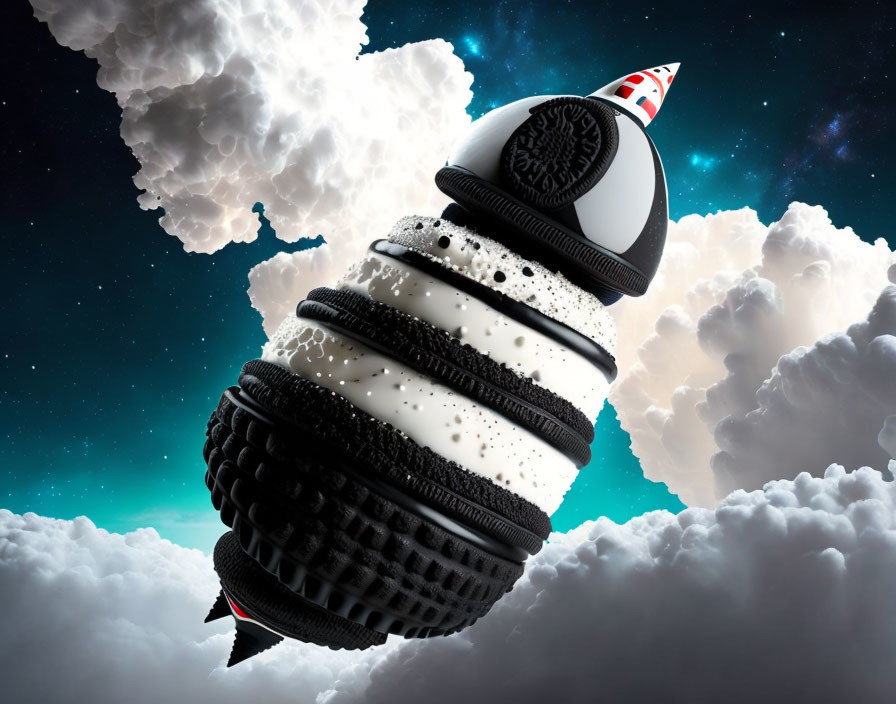 Creative Oreo cookie rocket soaring in starry sky