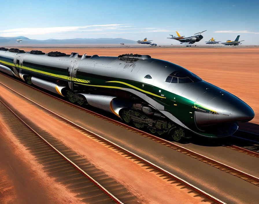 Futuristic train speeding in desert with flying planes