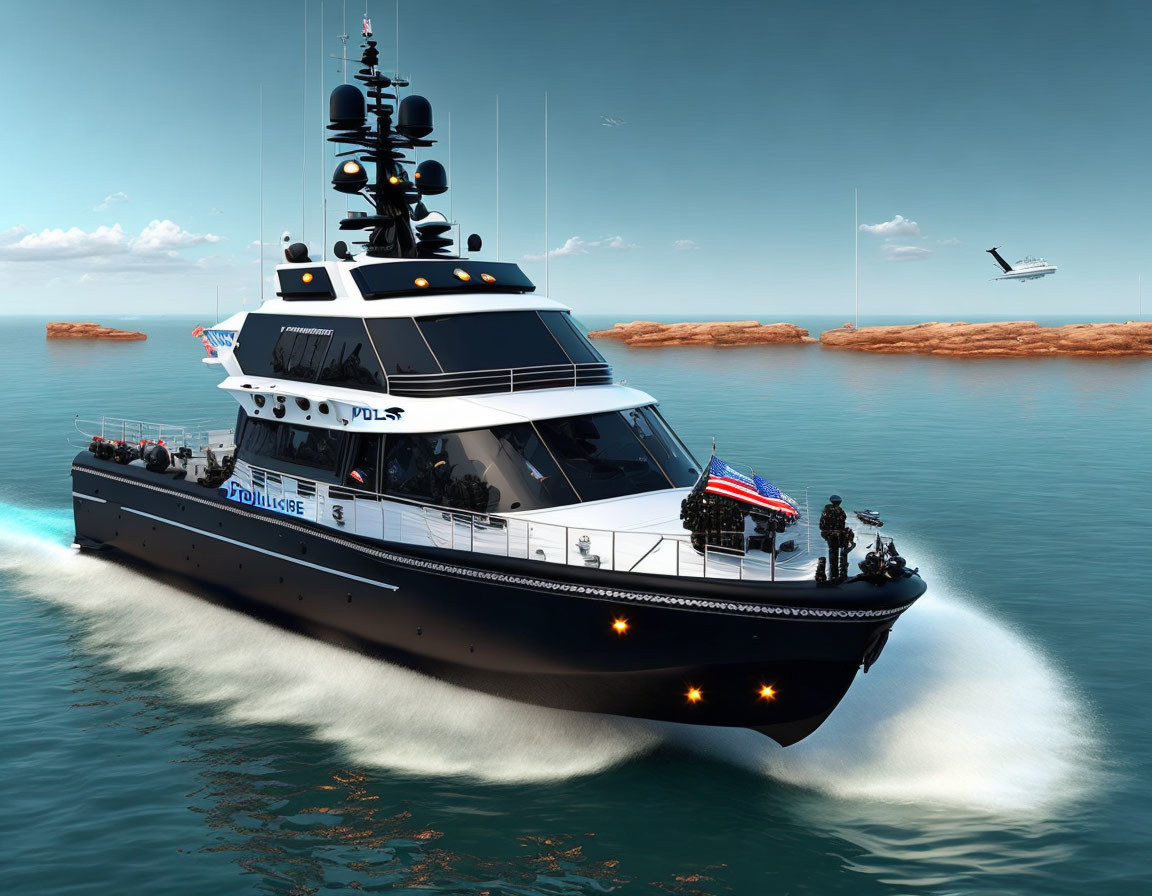 Navy blue patrol boat with American flag sails near rocky shores