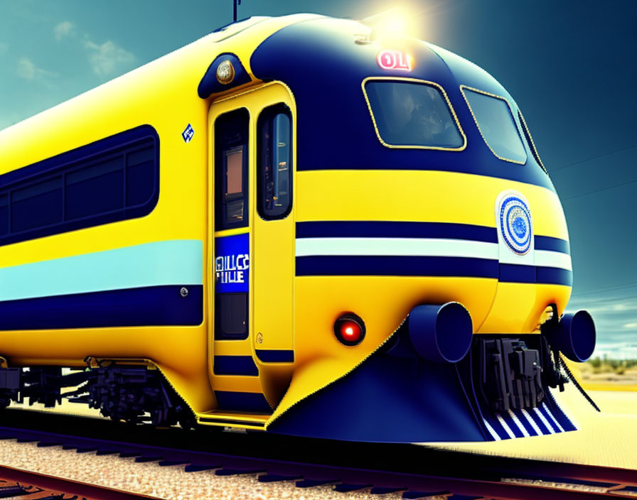 Streamlined Bright Yellow and Blue Train Under Clear Skies