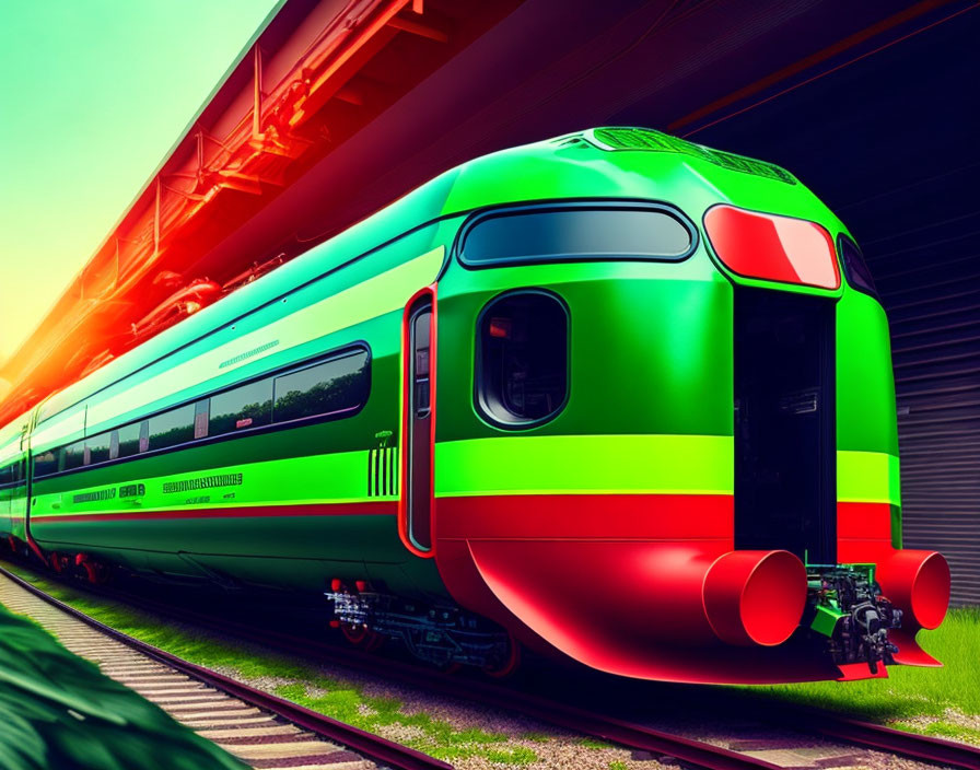 Modern Green and Red Train at Station under Clear Sky