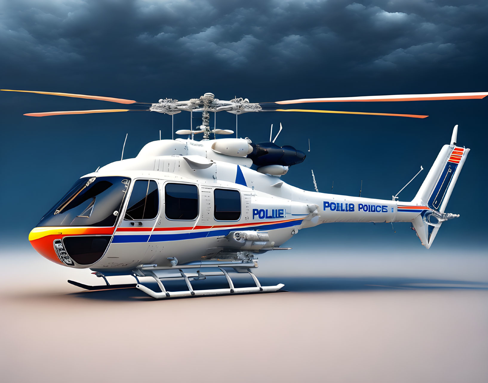 Police helicopter with spinning rotors against blue sky background