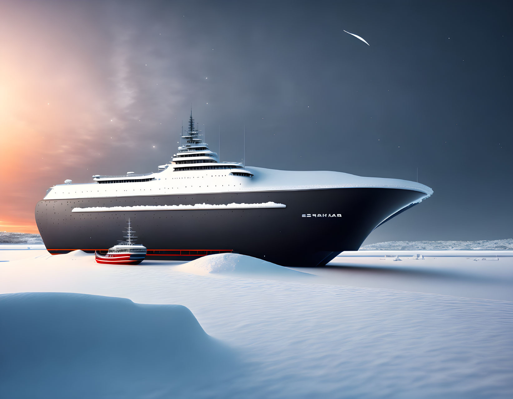 Dark-hulled cruise ship and smaller boat in snowy sunset landscape