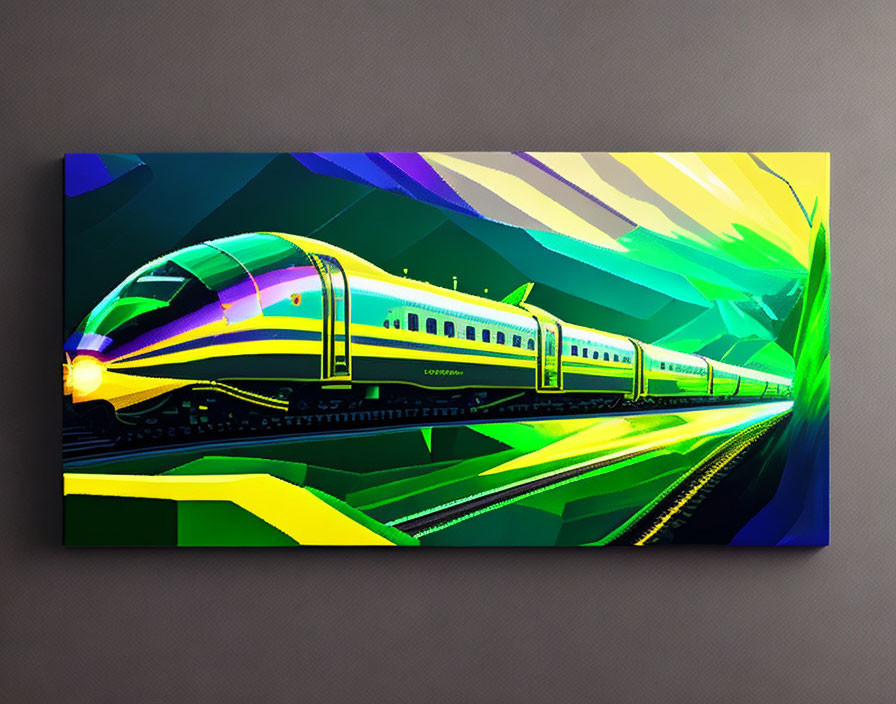 Colorful digital artwork of a modern train in a vibrant landscape on canvas