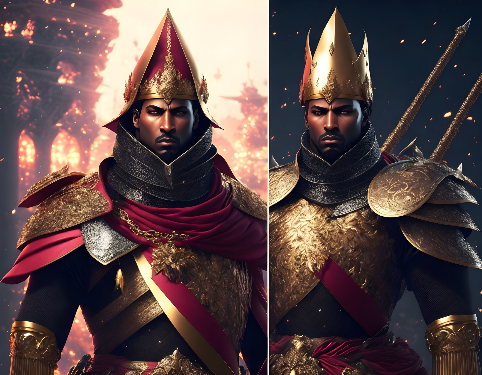 Regal figure in golden armor with crown, fiery backdrop - side-by-side comparison