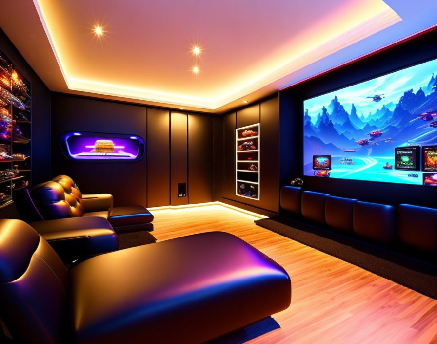 Modern Home Theater Room with Black Leather Recliners and Colorful Graphics