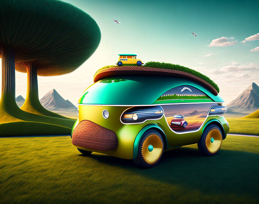 Colorful Stylized Autonomous Vehicle in Surreal Green Landscape