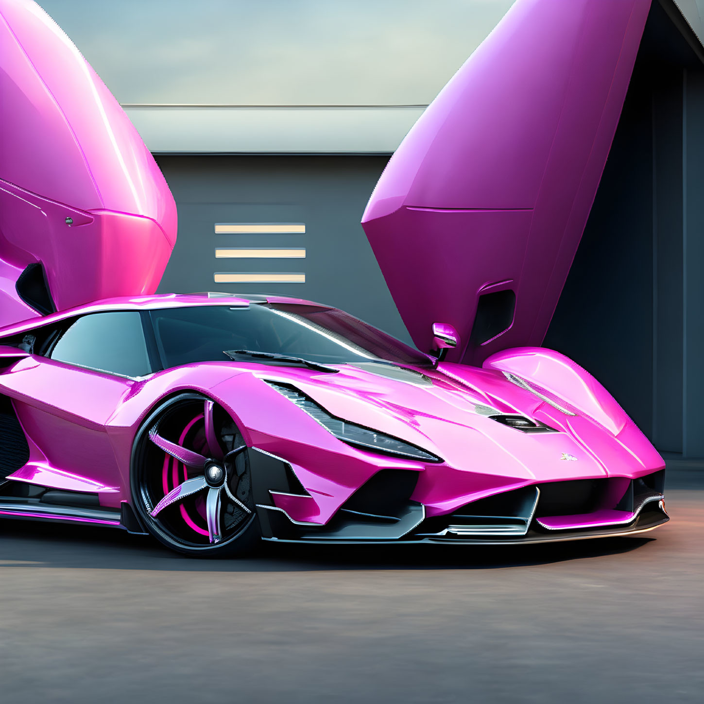 Pink Sports Car with Butterfly Doors in Front of Modern Building