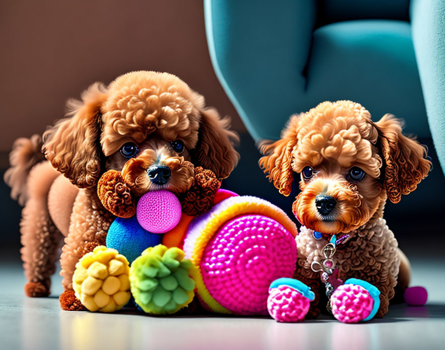 Fluffy toy poodles with colorful chew toys in a room