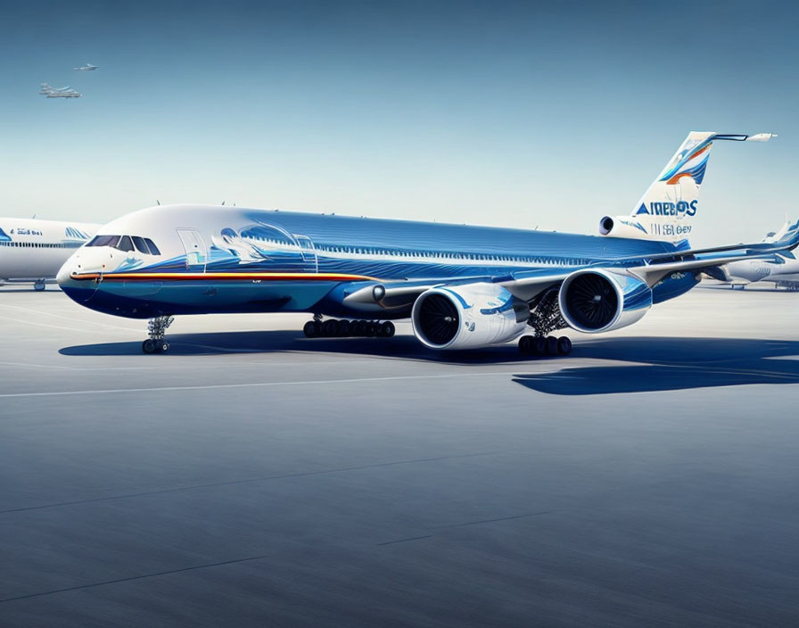 Blue and white AirDeos airliner on tarmac with clear sky and flying plane