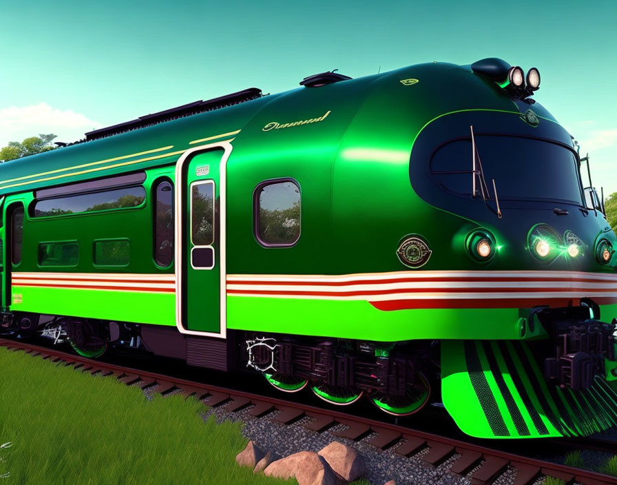 Vintage green train with "Diamond" inscription on tracks in grassy field.