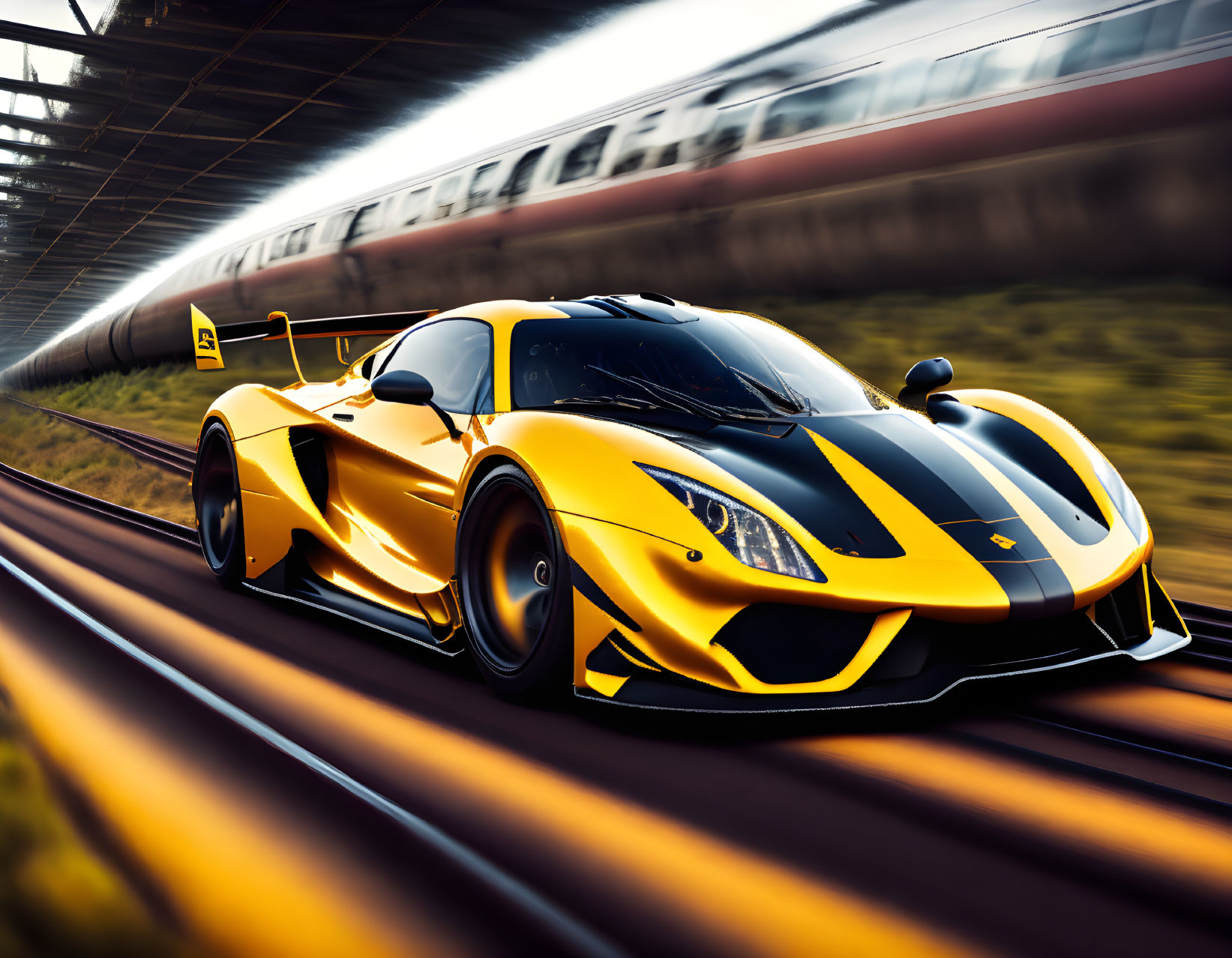 Yellow sports car speeds on train tracks with motion-blurred train.