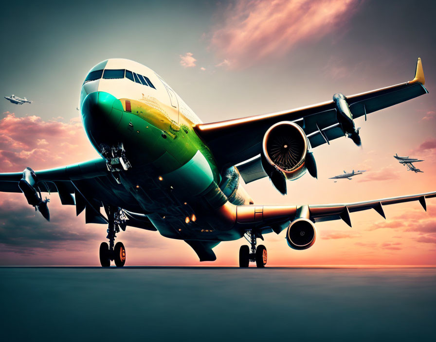 Commercial airplanes flying at sunset with colorful sky and other jets in background