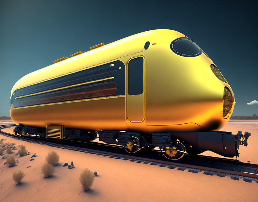 Sleek yellow futuristic train on desert tracks