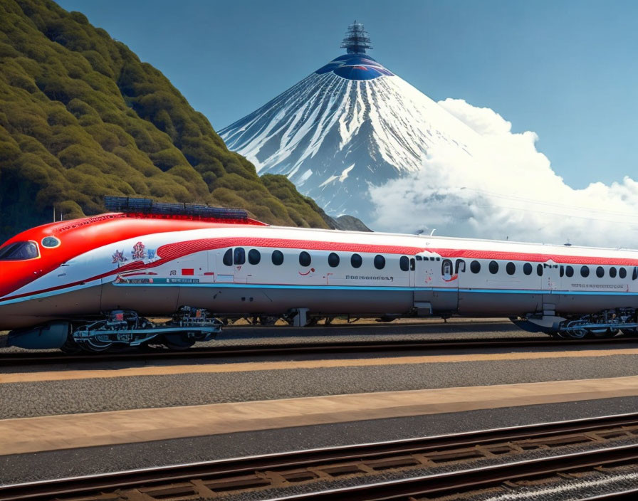 Red and White Bullet Train Passing Mount Fuji in Snowy Peak Scene