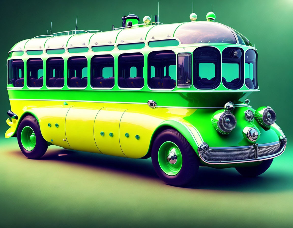 Colorful Futuristic Bus with Large Windows on Soft Green Background