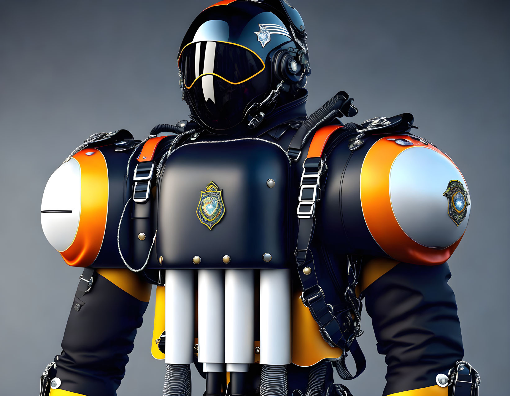 Futuristic law enforcement officer in orange, blue, and white armored suit