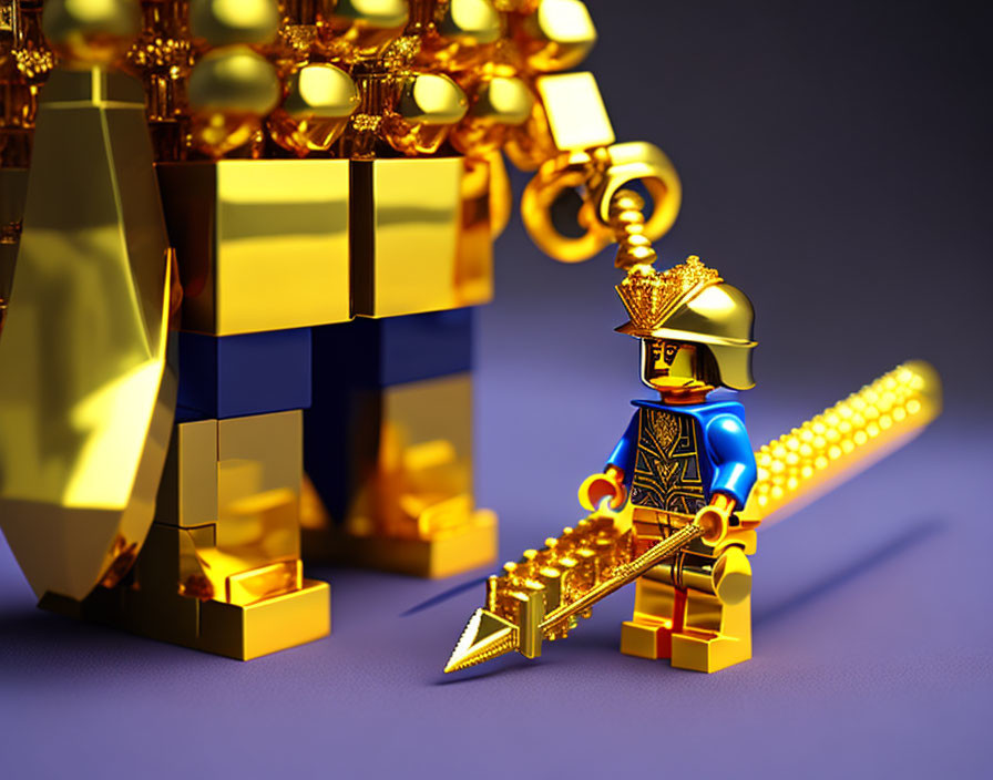 Royal Guard LEGO Figure with Spear Surrounded by Gold Coins on Purple Surface