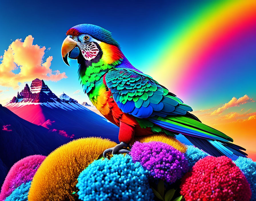 Colorful Macaw Perched on Fluff Balls with Rainbow and Snowy Mountains