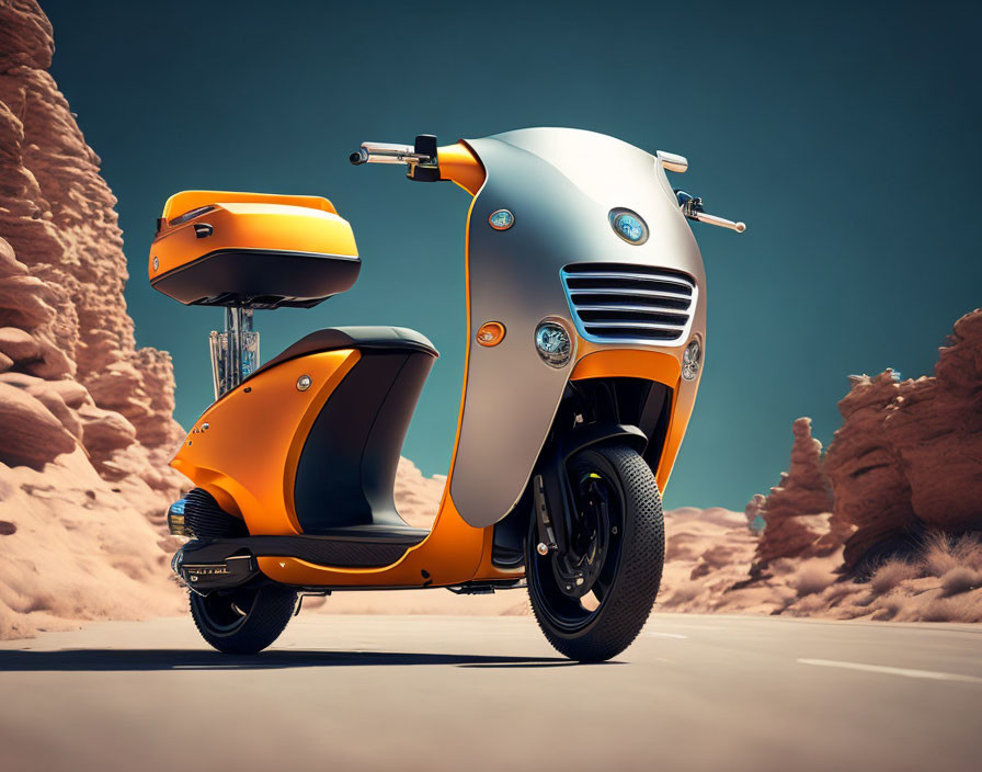 Orange and Silver Scooter in Desert Landscape with Rocky Formations