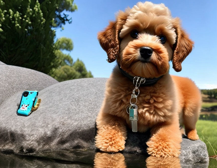 Curly brown puppy on gray rock with blue phone and green case