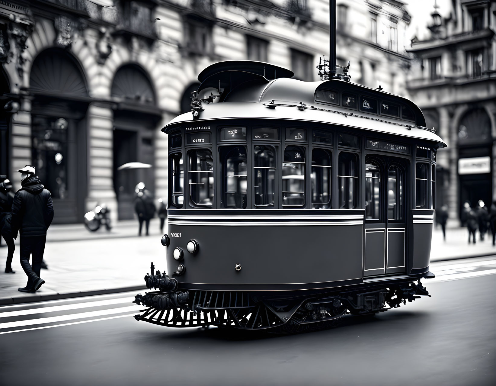 Vintage Tram in City Street with Pedestrians and Buildings in Black and White