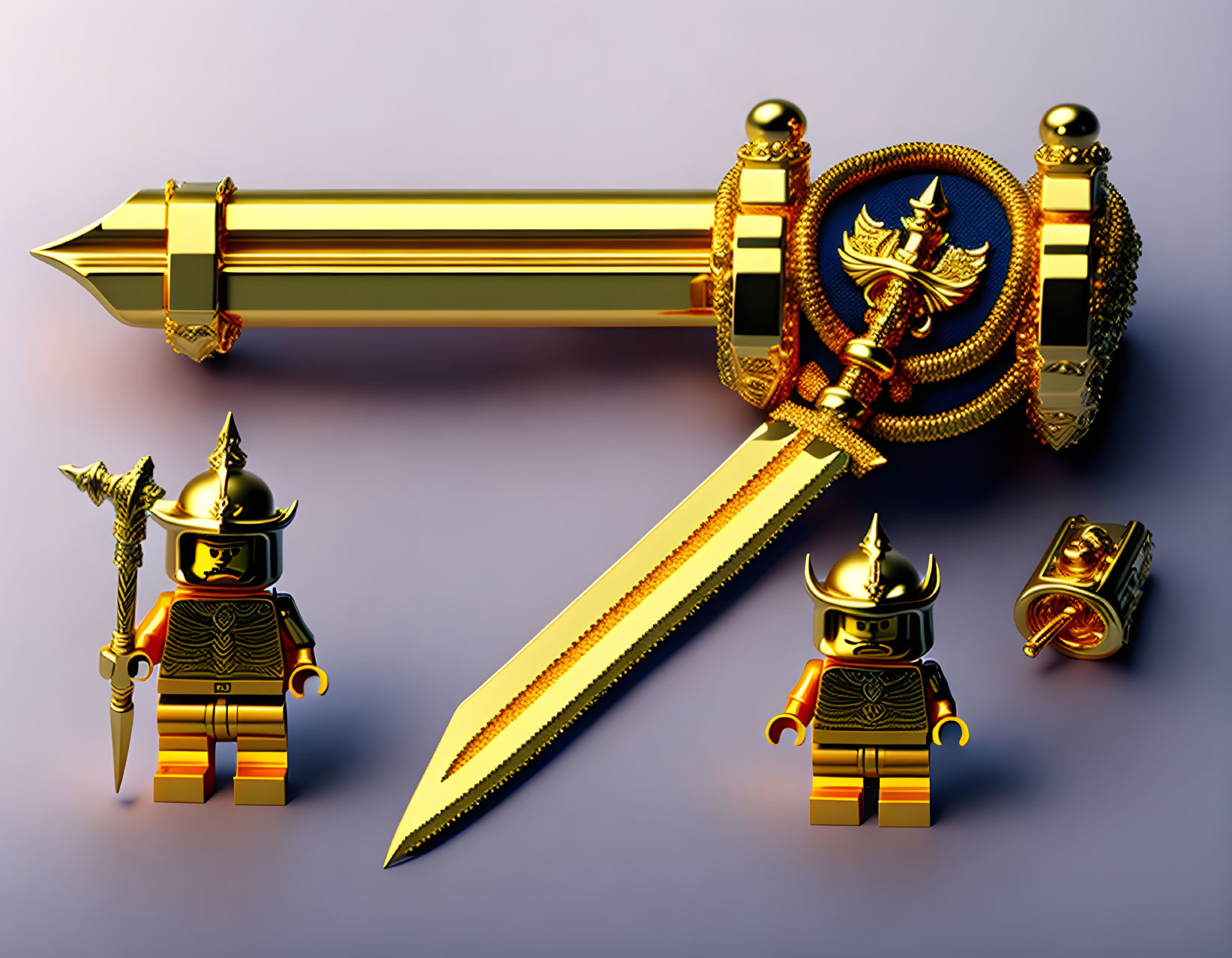 Golden Lego knight figurines with ornate armor and oversized sword