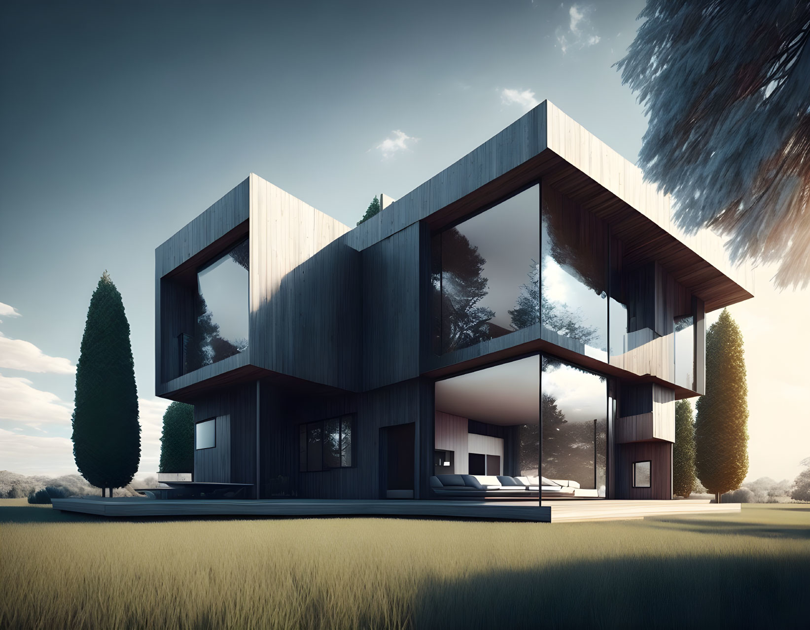 Contemporary two-story house with large windows and cantilevered design in a tree-filled setting at